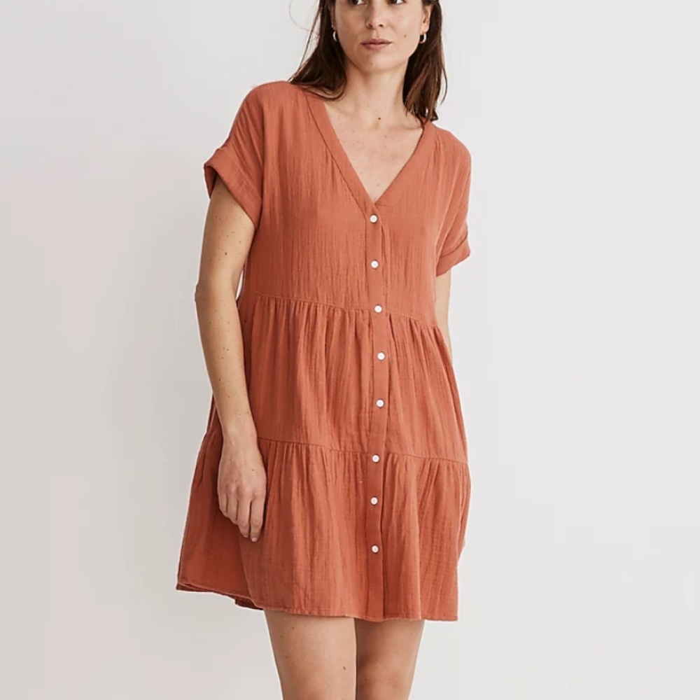 Madewell Women's Medium Cuff-Sleeve Button-Front Tiered Mini Dress